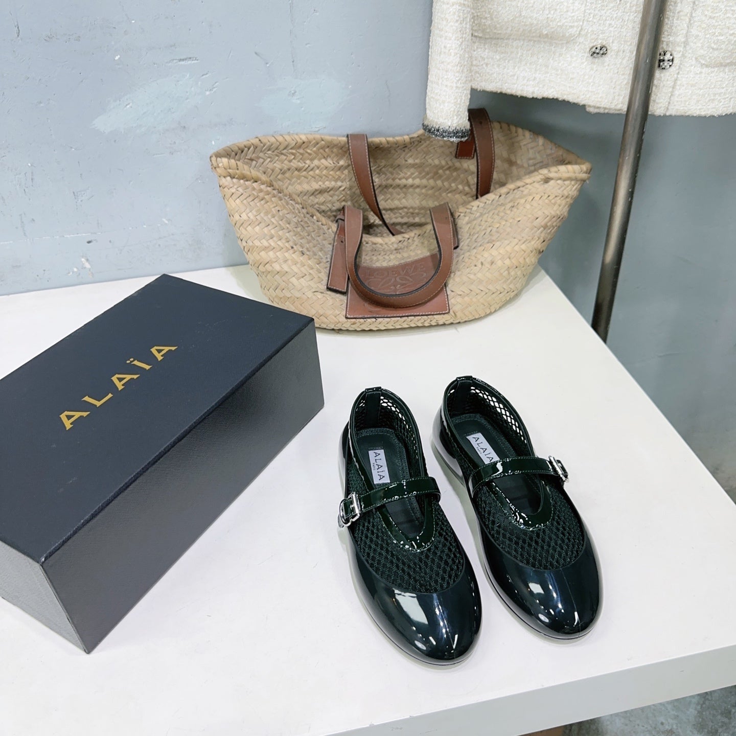Alaia Ballet Flats Teal Green Mesh Patent Leather 674311