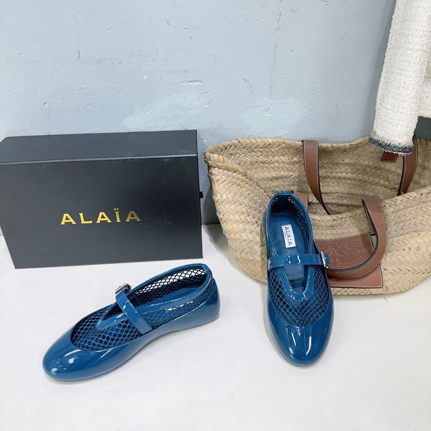 Alaia Ballet Flats Blue Mesh Patent Leather 674312