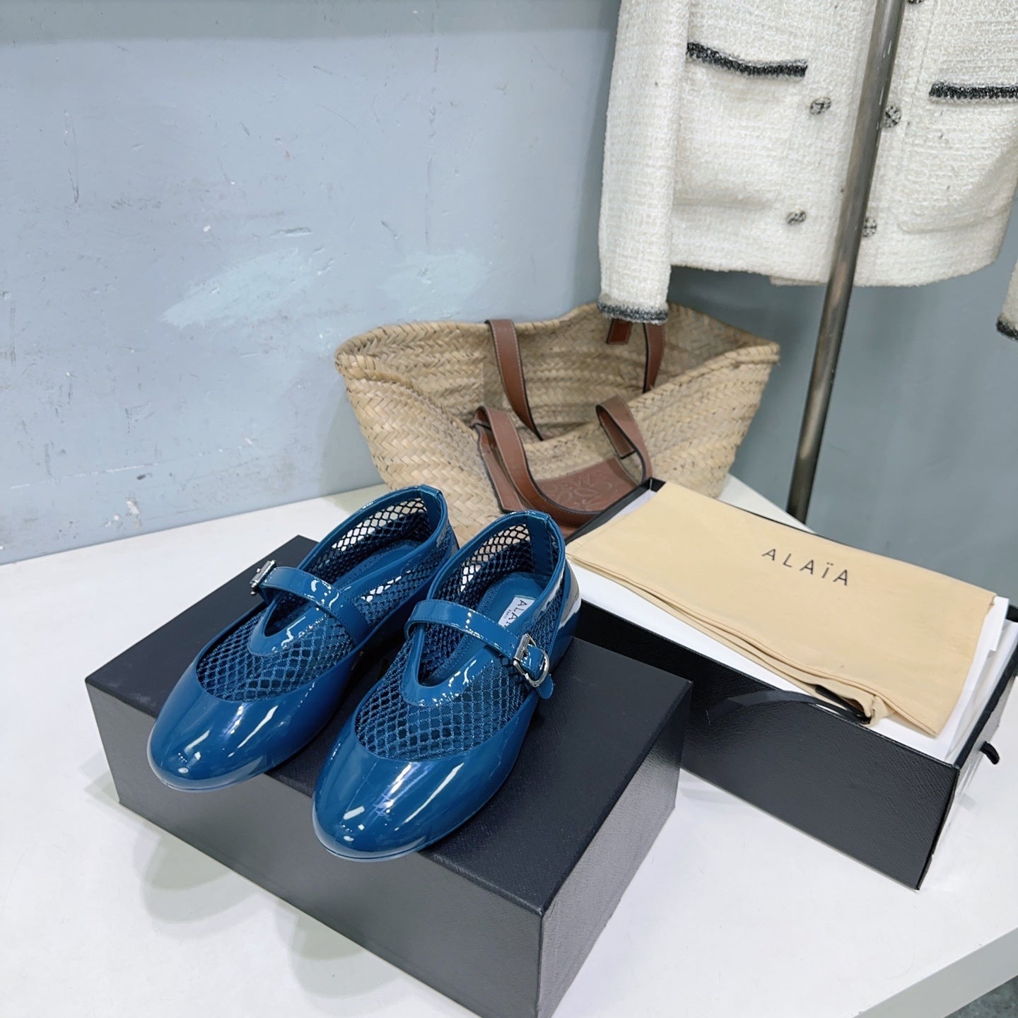 Alaia Ballet Flats Blue Mesh Patent Leather 674312