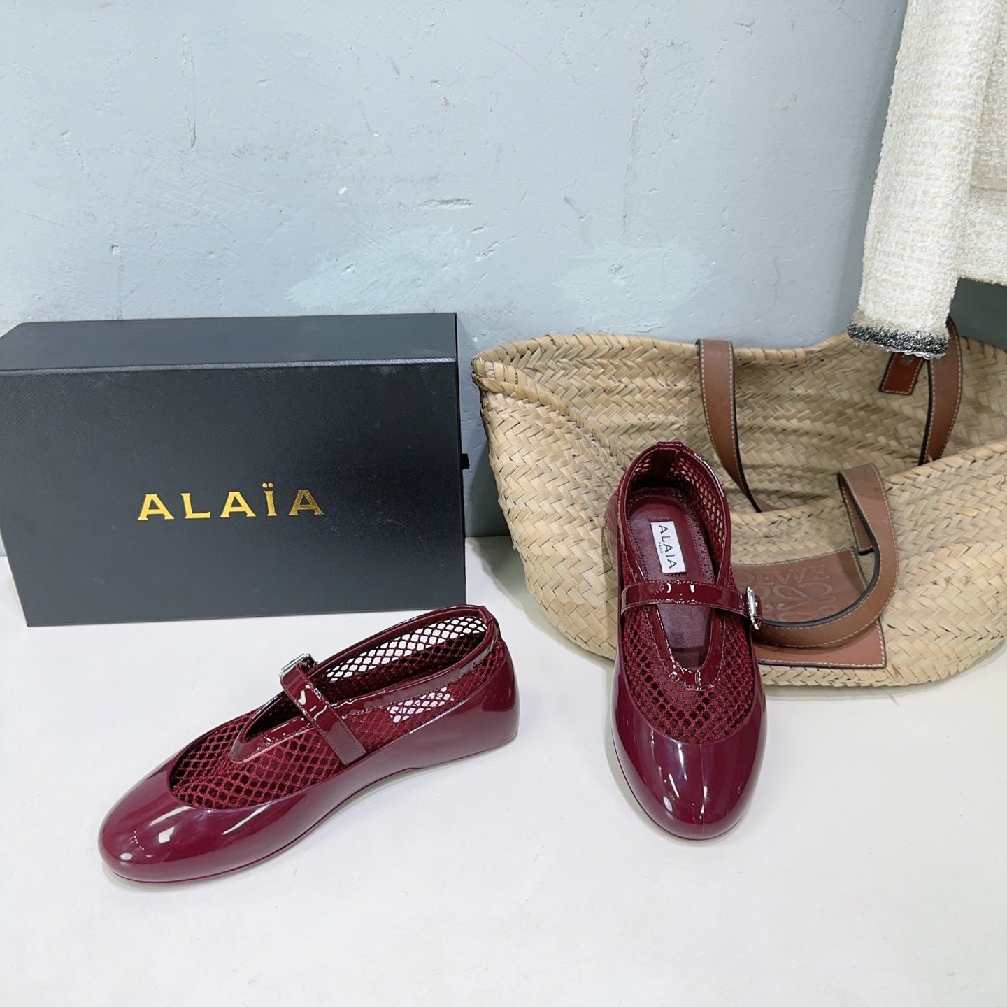 Alaia Ballet Flats Burgundy Mesh Patent Leather 674313
