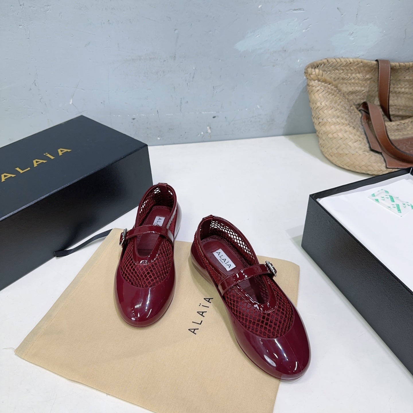 Alaia Ballet Flats Burgundy Mesh Patent Leather 674313