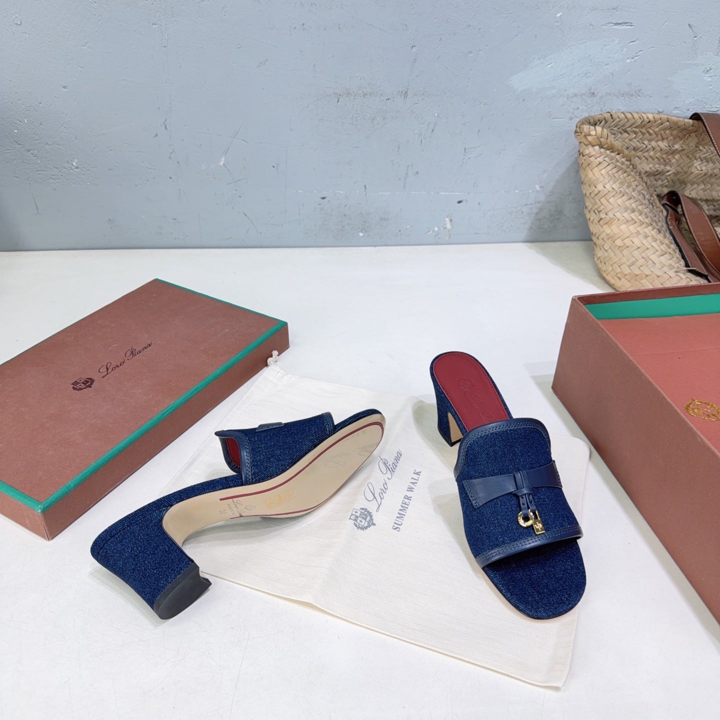 LP Summer Charms Mules 5.5cm Dark Blue Leather Canvas 742541