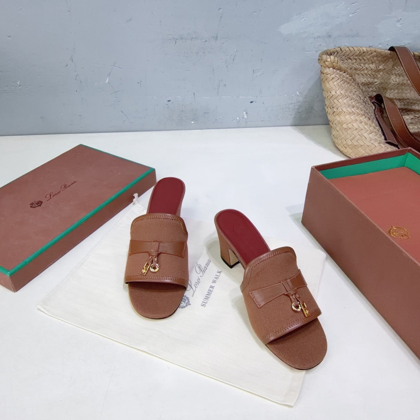 LP Summer Charms Mules 5.5cm Brown Leather Canvas 742542