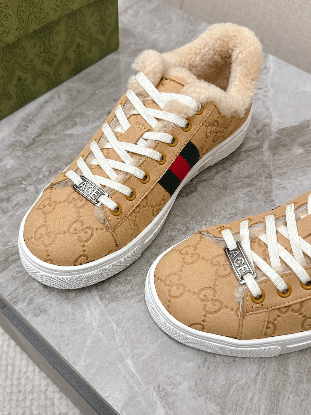 Gucci 26s Ace Sneaker With Web In Beige Embossed Suede And Wool Lining