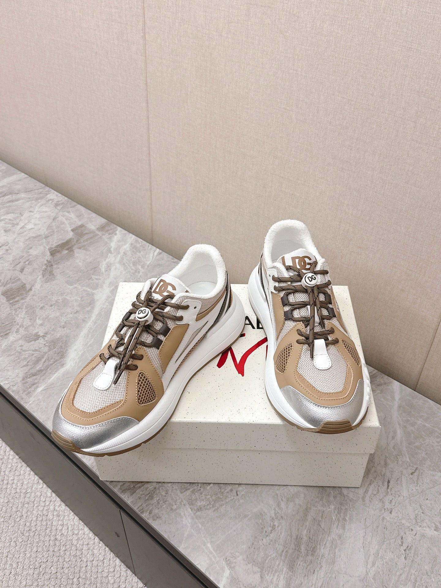 DC Chunky Sneakers Brown White Silver Cowhide & Mesh Lining 339127