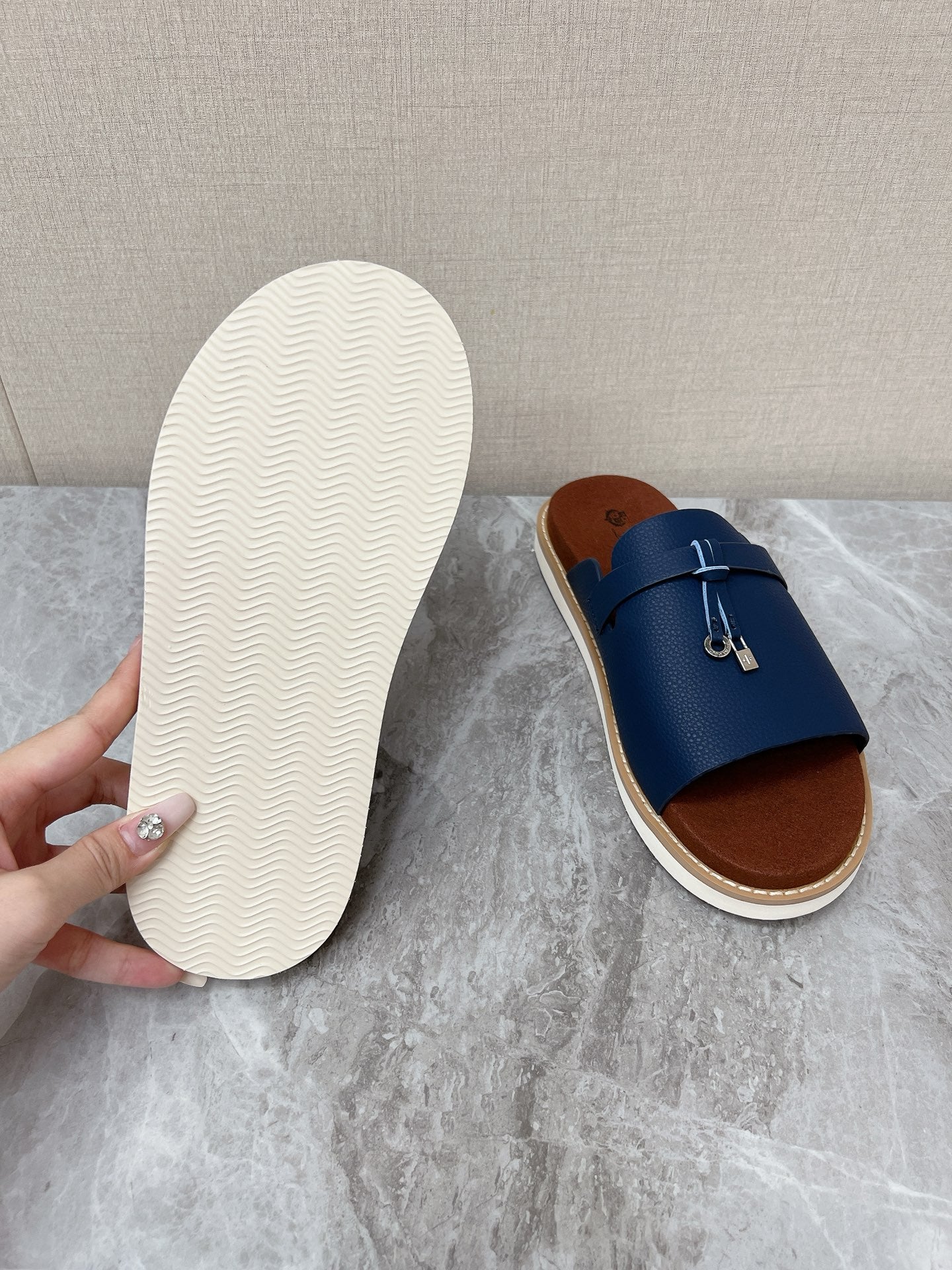LP 26s Men’s Lock Mule Slides In Dark Blue Calfskin Silver Hardware