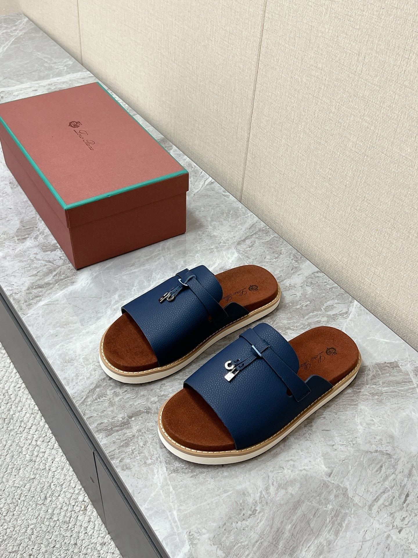 LP 26s Men’s Lock Mule Slides In Dark Blue Calfskin Silver Hardware