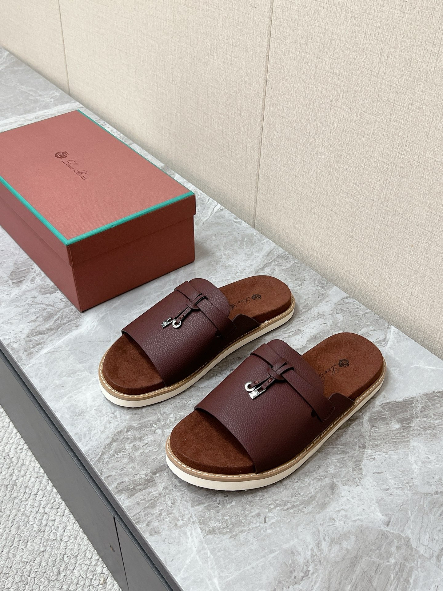 LP 26s Men’s Lock Mule Slides In Burgundy Red Calfskin Silver Hardware