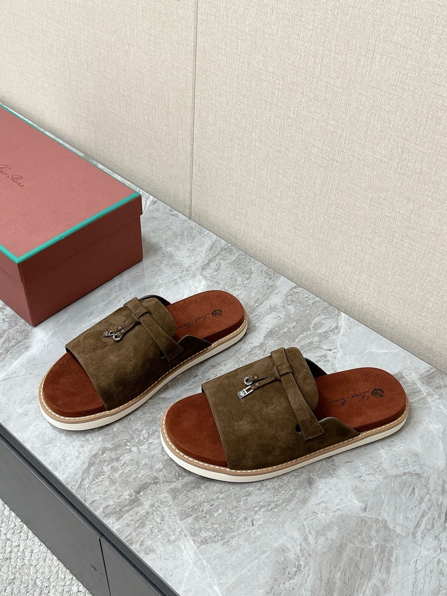LP 26s Men’s Lock Mule Slides In Olive Brown Suede Silver Hardware