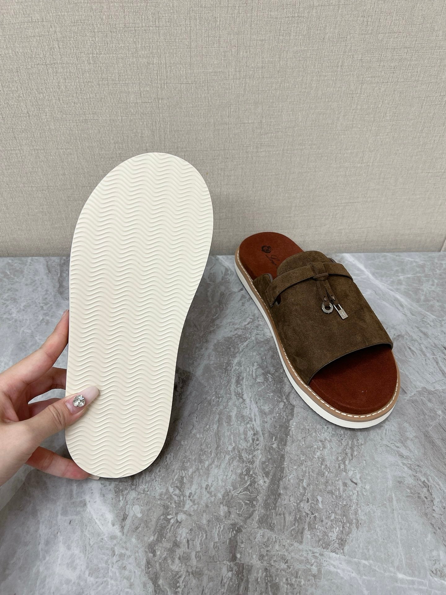 LP 26s Men’s Lock Mule Slides In Olive Brown Suede Silver Hardware