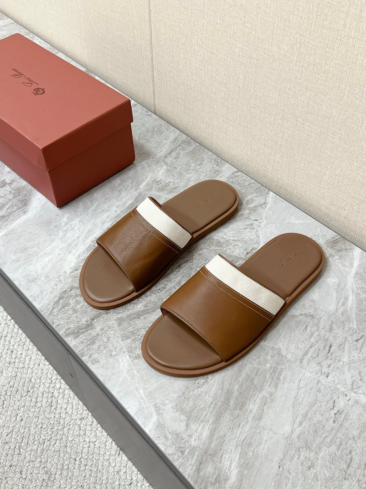 LP 26s Men’s Slides Sandal In Brown Calfskin And Ivory White Canvas
