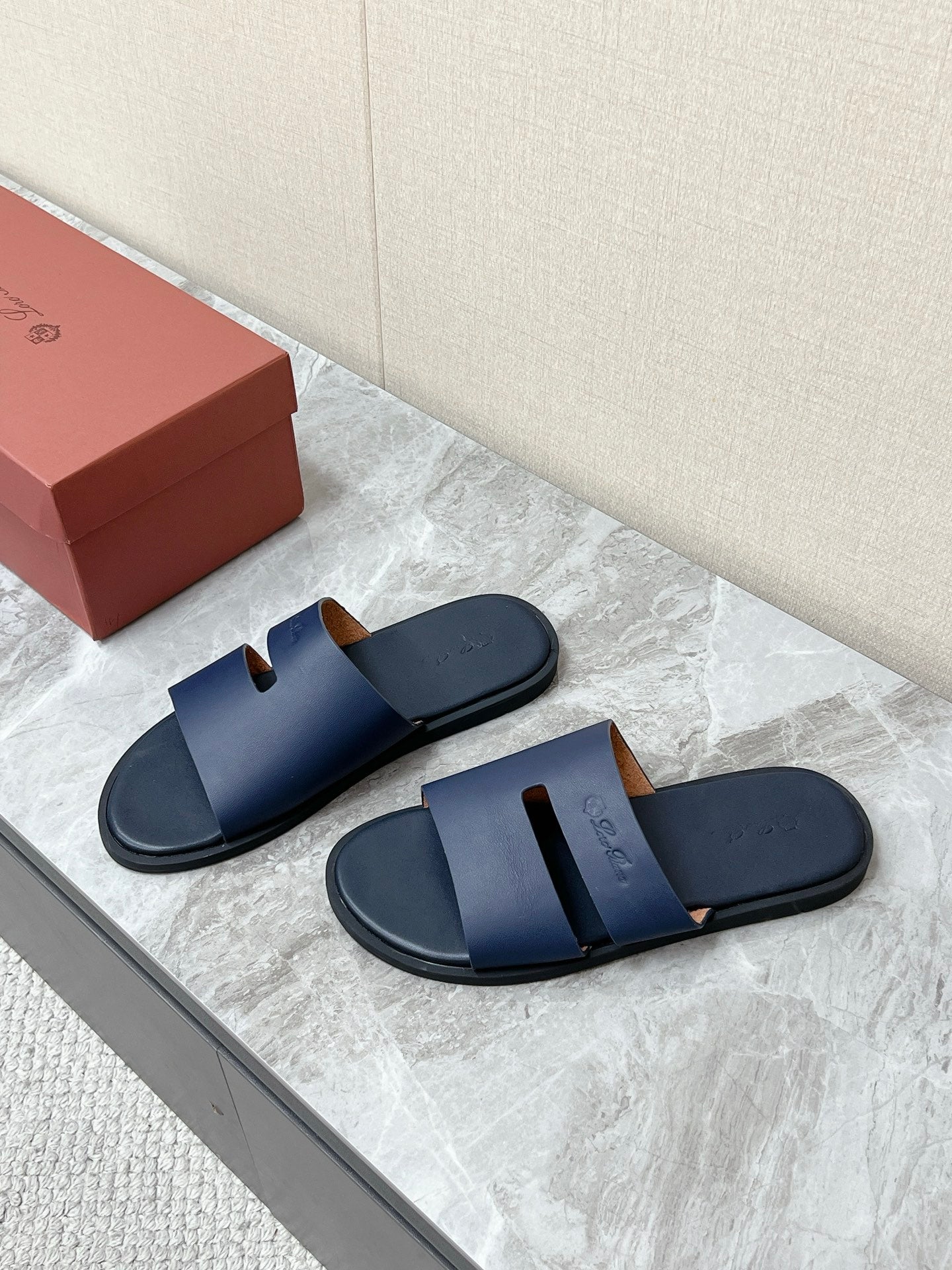 LP 26s Men’s Classic H-Cut Slides In Navy Blue Calfskin