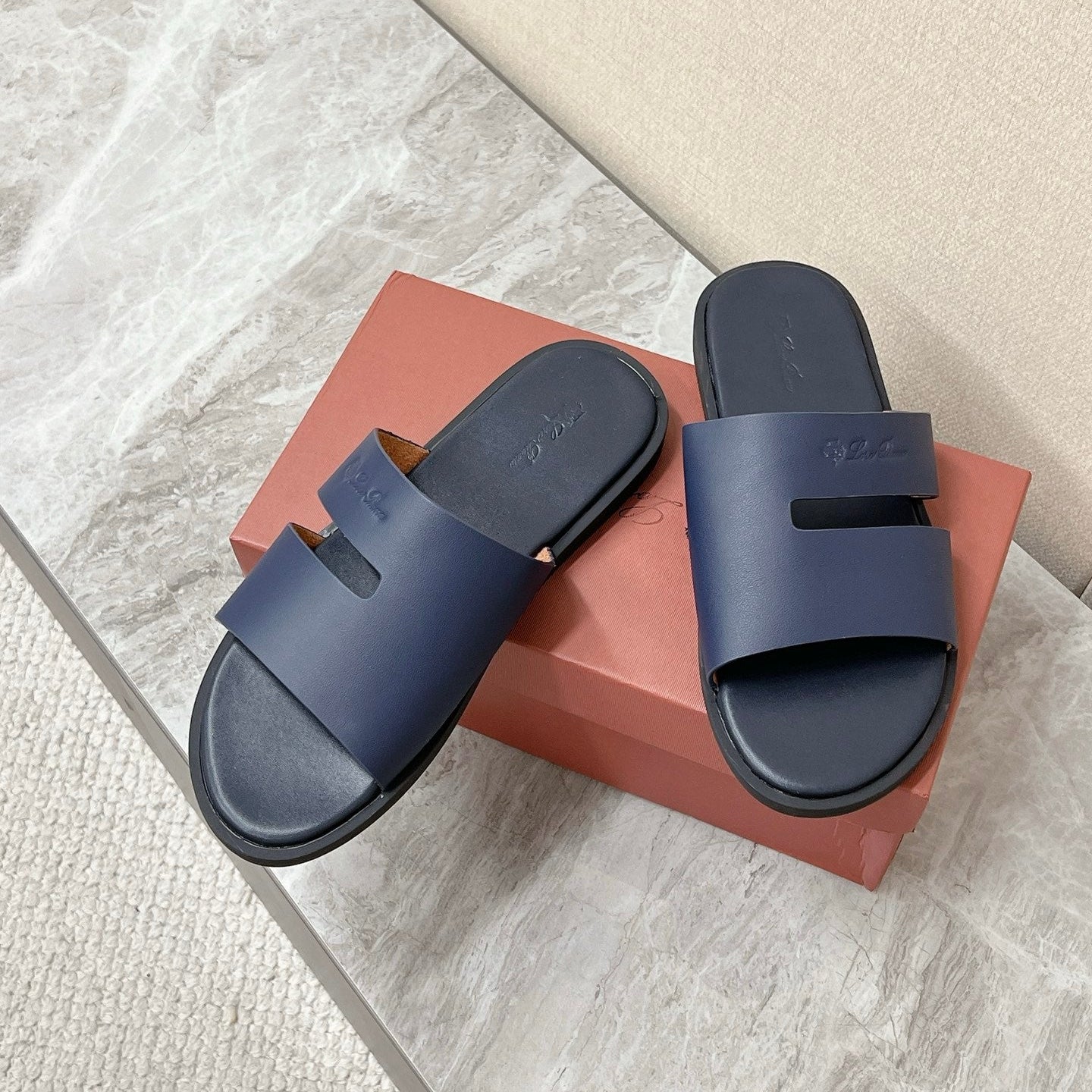 LP 26s Men’s Classic H-Cut Slides In Navy Blue Calfskin