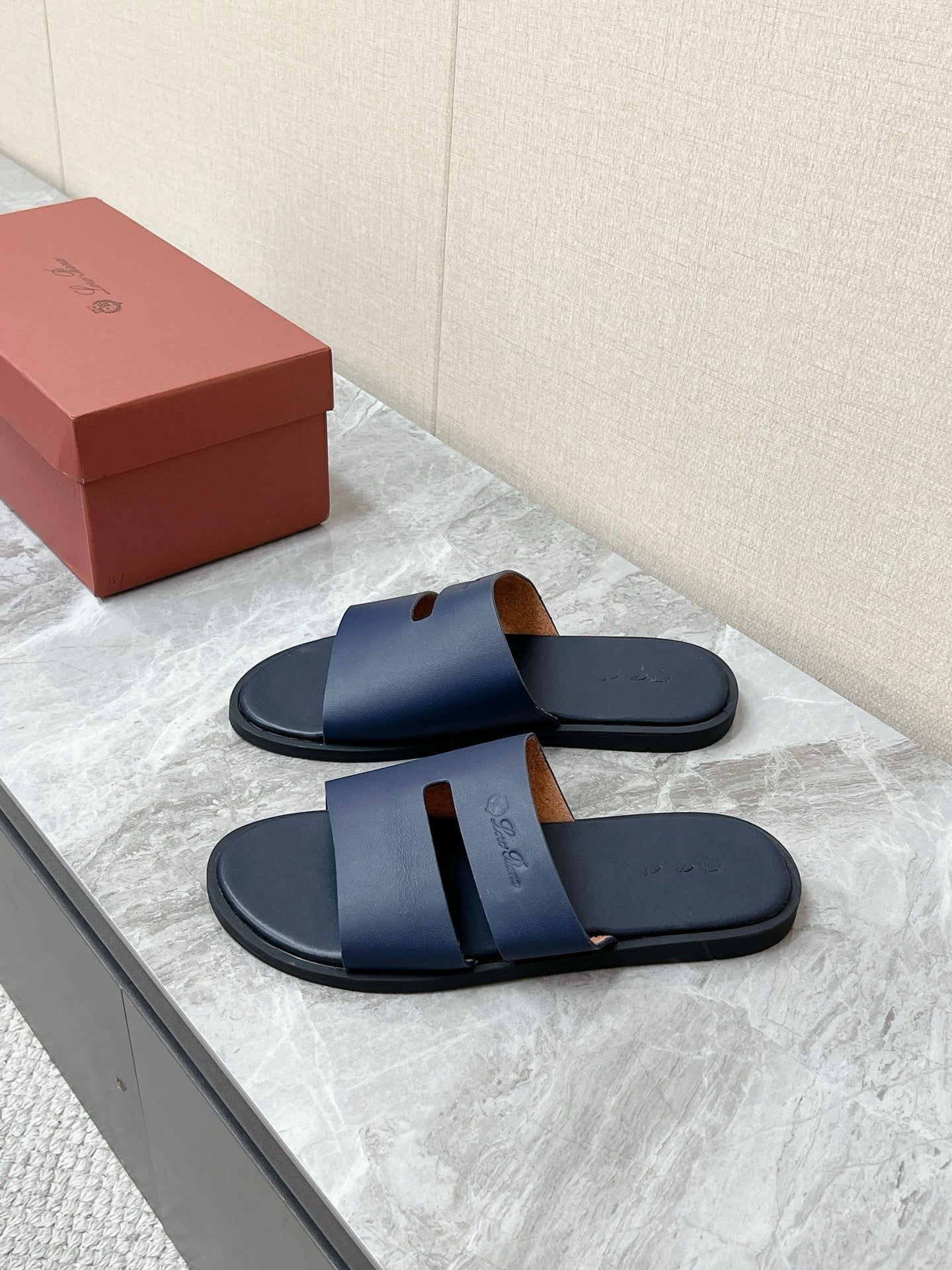 LP 26s Men’s Classic H-Cut Slides In Navy Blue Calfskin