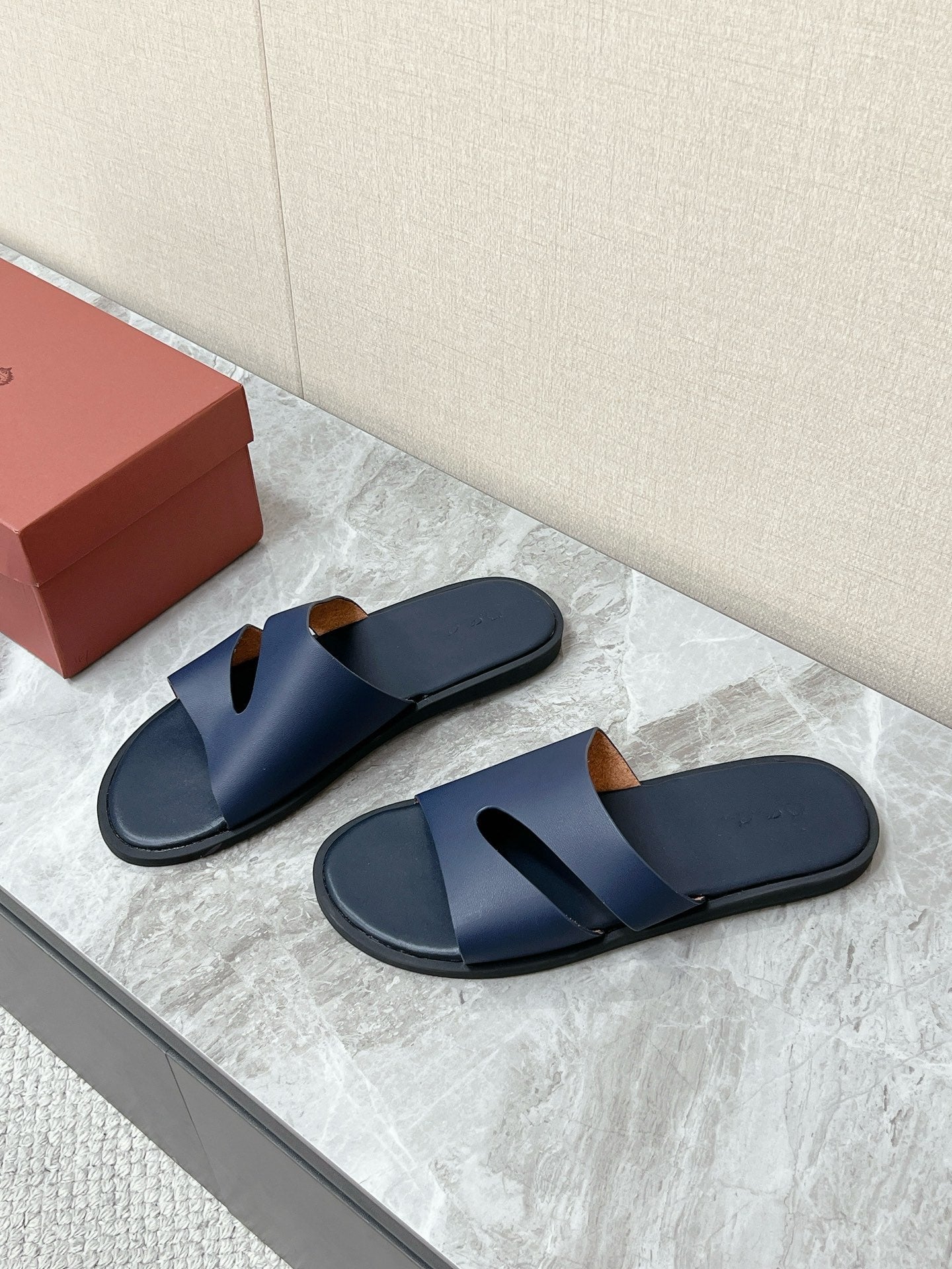LP 26s Men’s Cutout Slides In Navy Blue Calfskin
