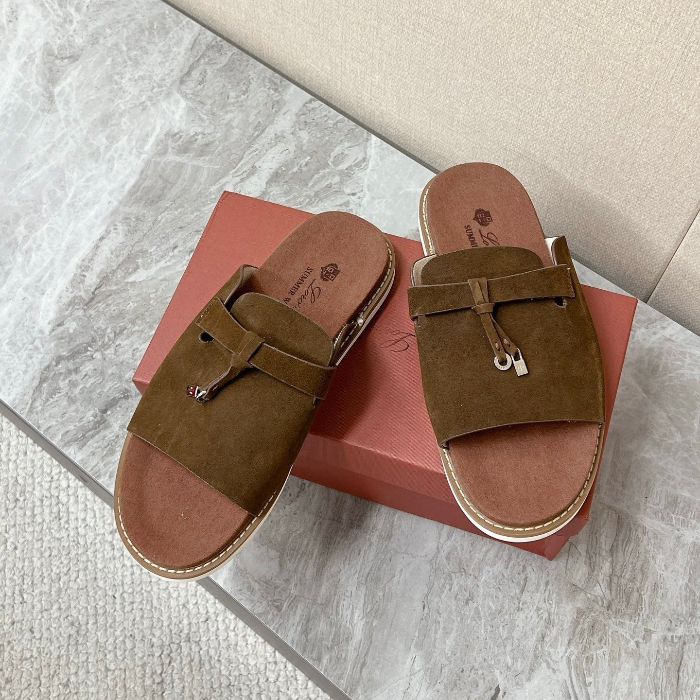 LP 26s Men’s Lock Charm Slides In Dark Brown Suede Silver Hardware