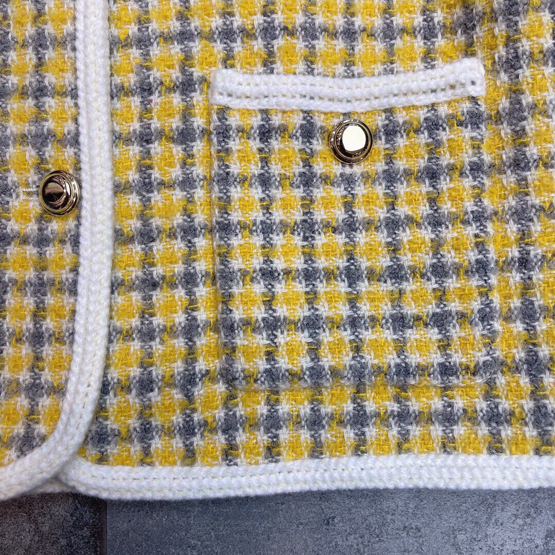 Miumiu 2025 Round Neck Long-sleeved Coat Yellow Tweeed Wool