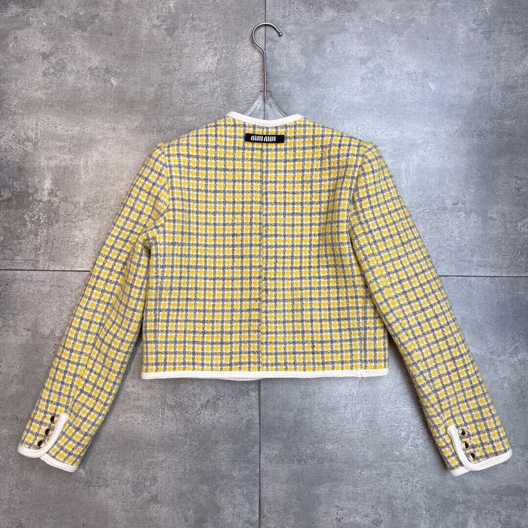 Miumiu 2025 Round Neck Long-sleeved Coat Yellow Tweeed Wool