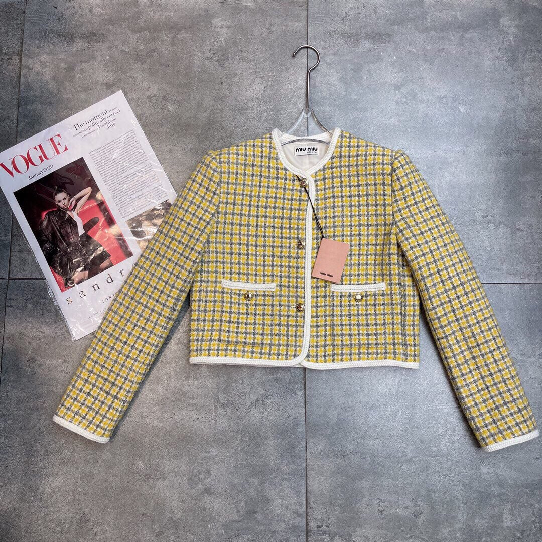 Miumiu 2025 Round Neck Long-sleeved Coat Yellow Tweeed Wool