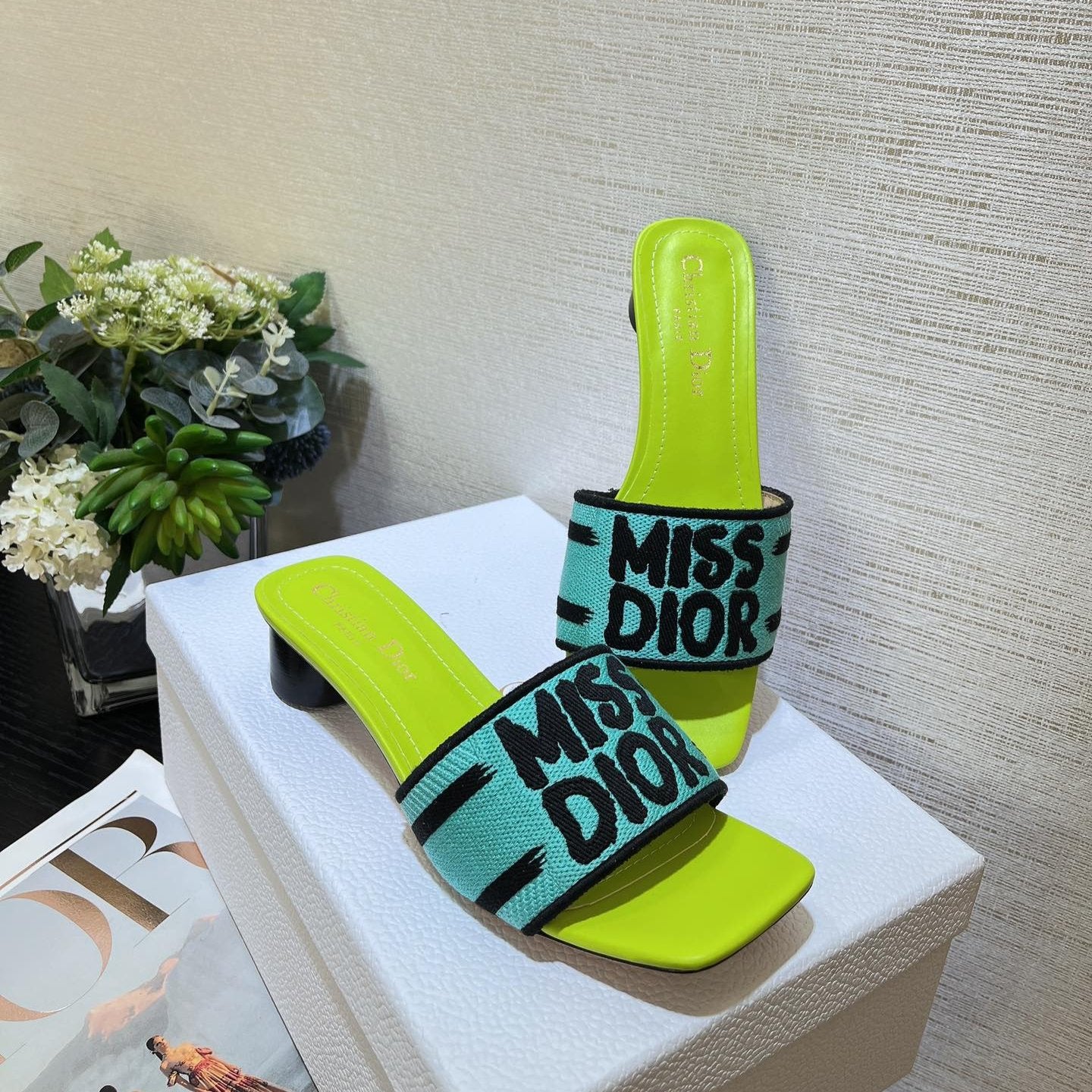dway heeled slide 35 blue lime embroidered cotton