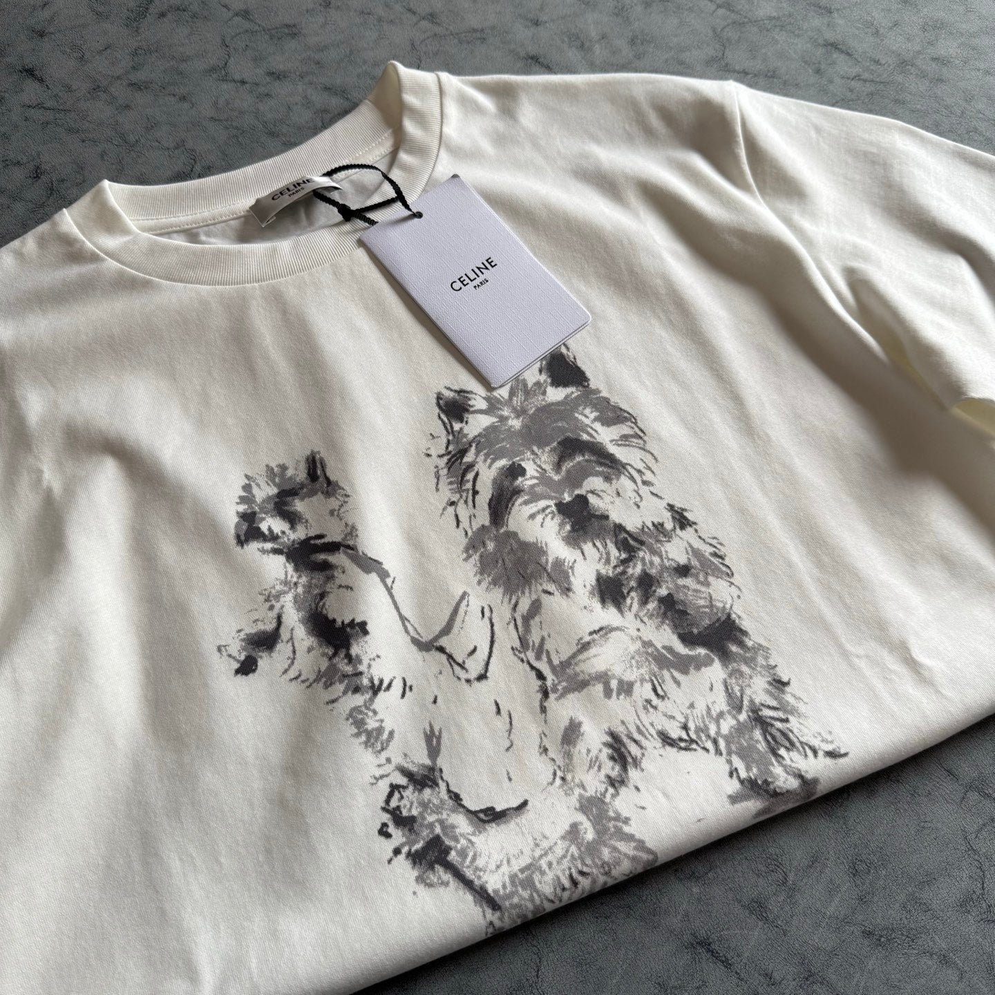 Celine SS26 Unisex Puppy Print Short-Sleeve Tee White Cotton 350474