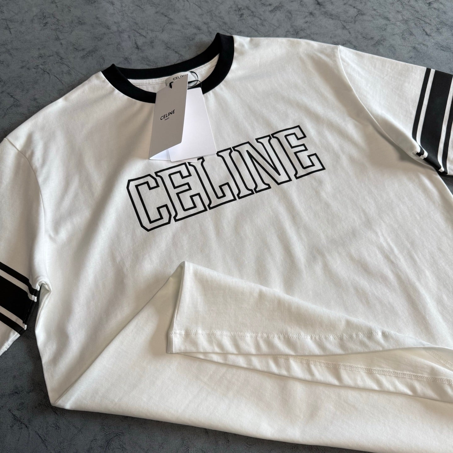 Celine SS26 Color-blocked Letter Print T-shirt White Black Cotton 350495