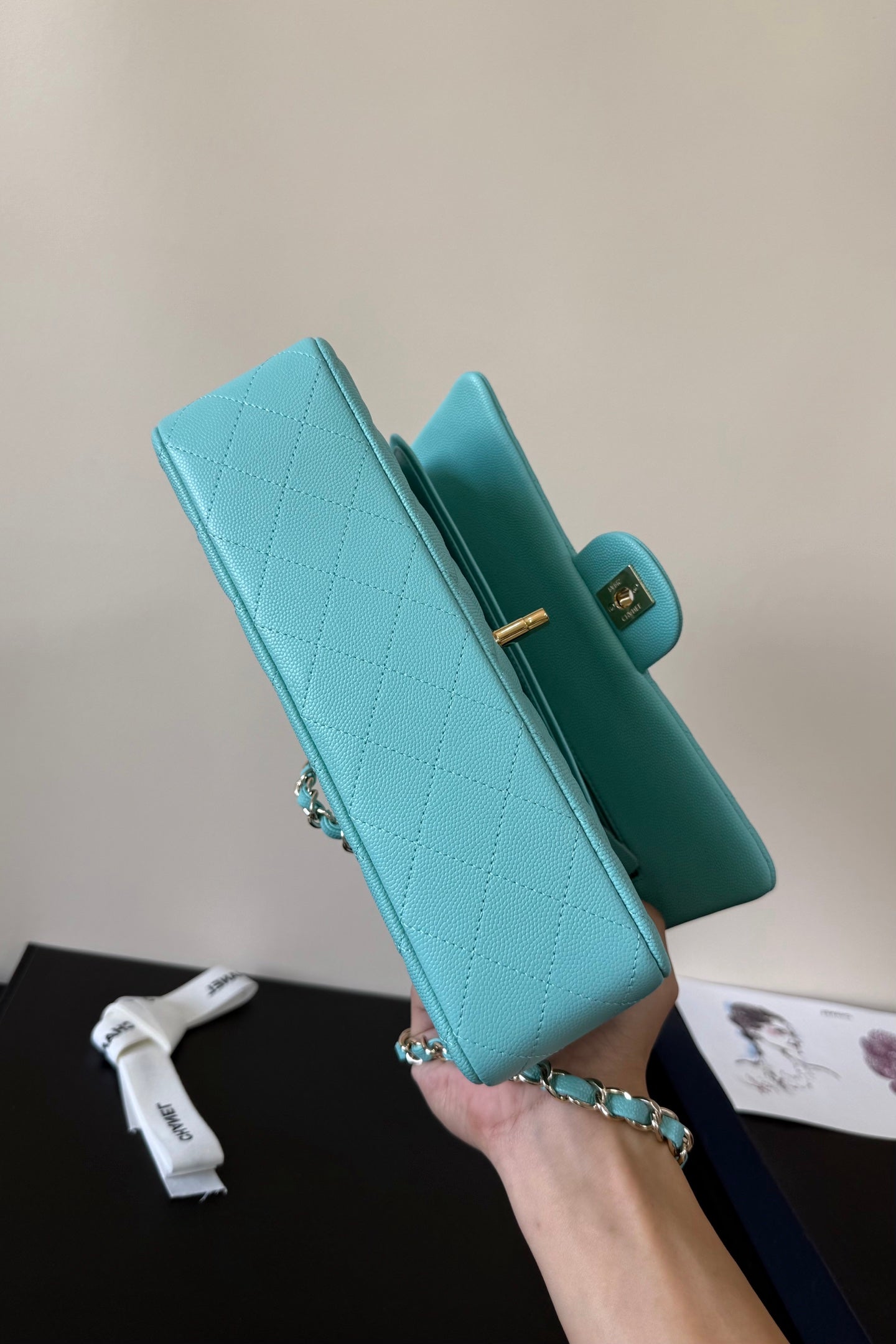 CC Classic Double Flap Bag 25cm Sky Blue Caviar Leather