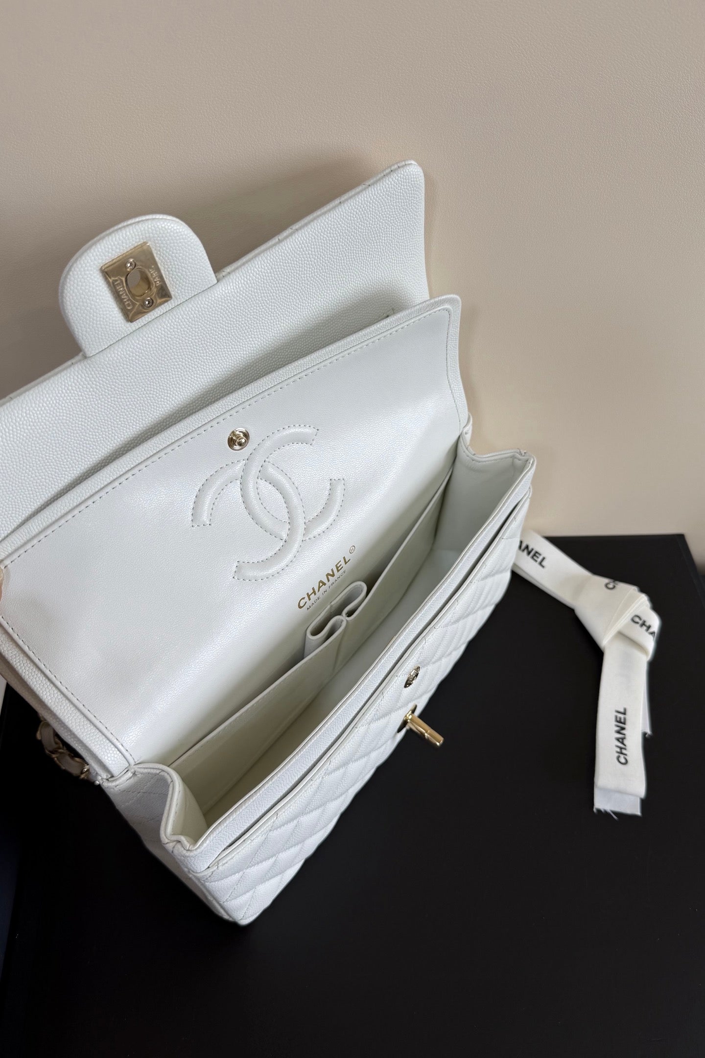 CC Classic Double Flap Bag 25cm White Caviar Leather