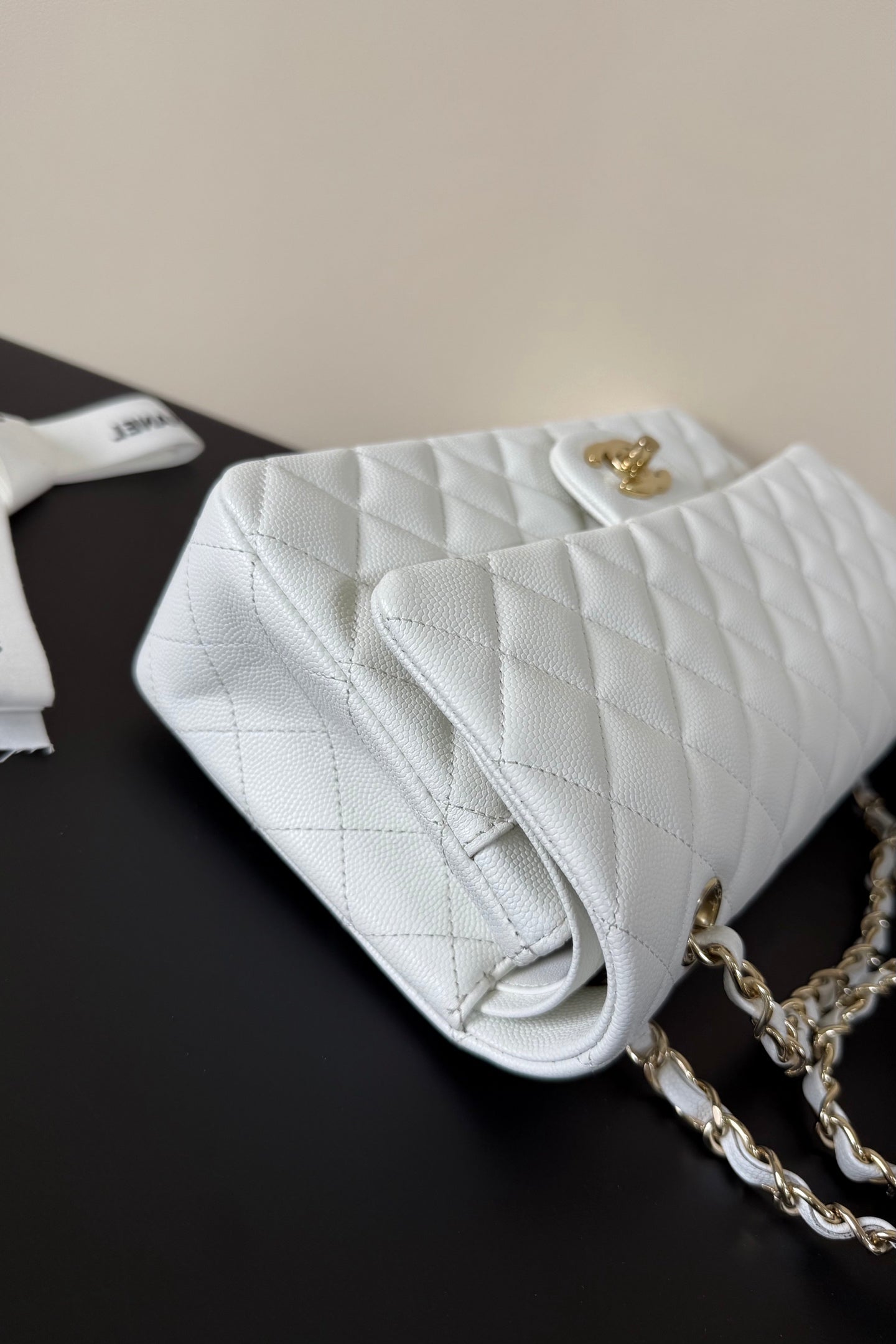 CC Classic Double Flap Bag 25cm White Caviar Leather