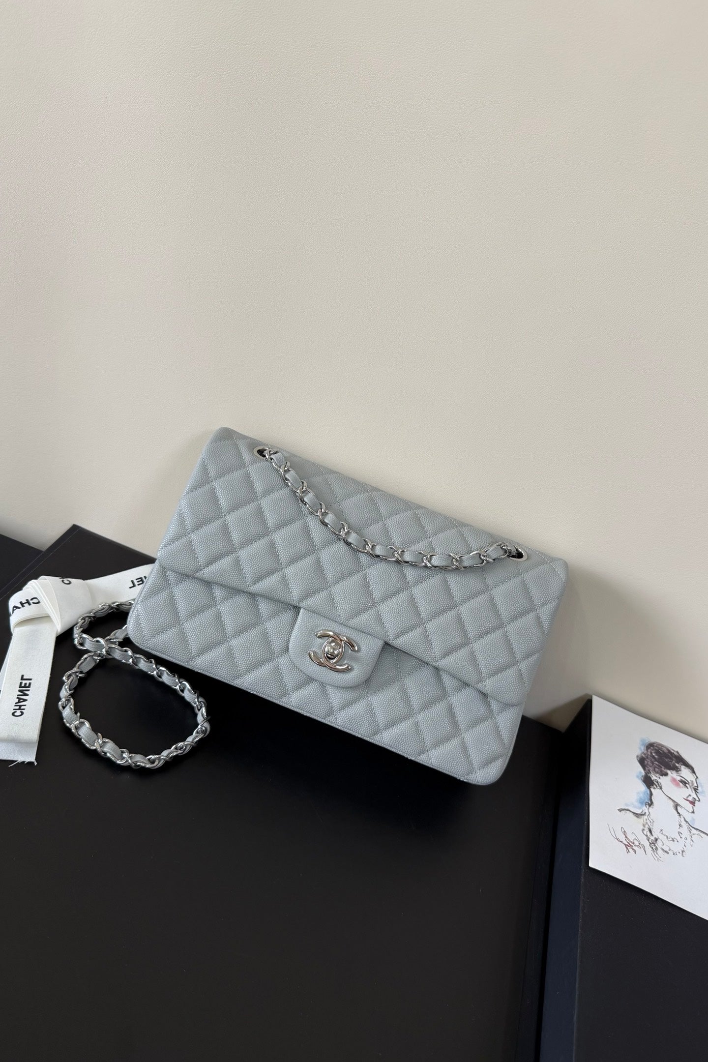 CC Classic Double Flap Bag 25cm Light Grey Caviar Leather