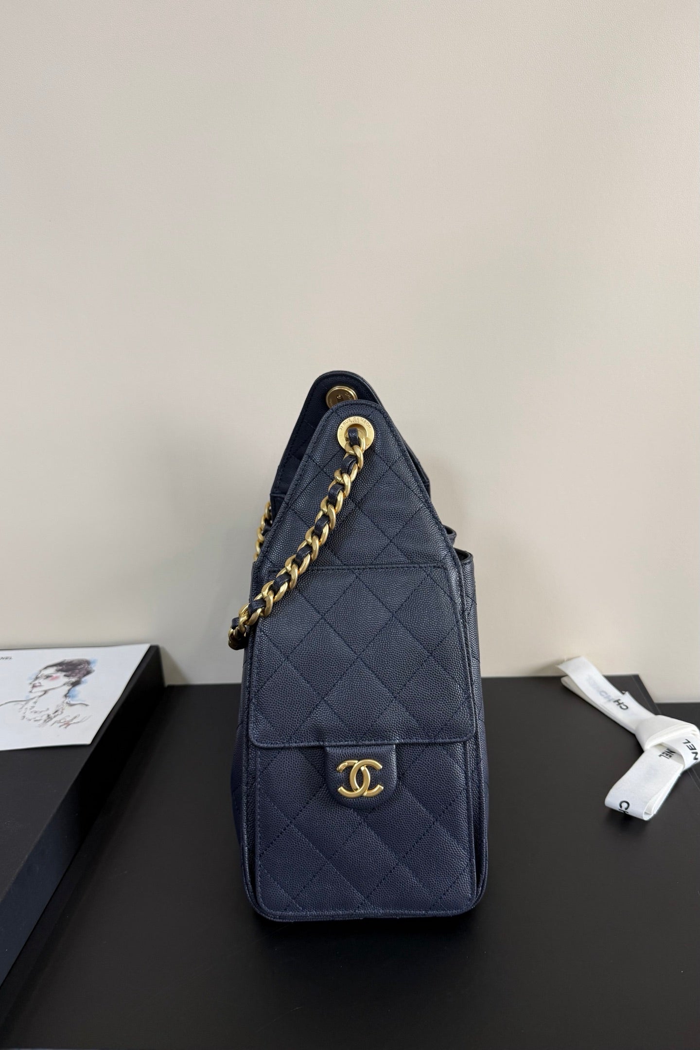 CC 25 Hobo Bag Navy Blue Grained Calfskin Leather GHW 282494