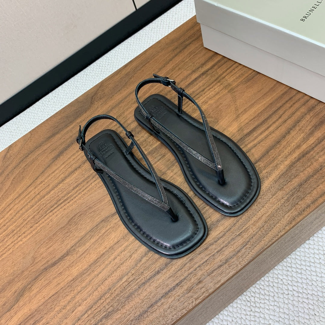 Brunello Cucinelli Flat Sandals Black Leather 934694