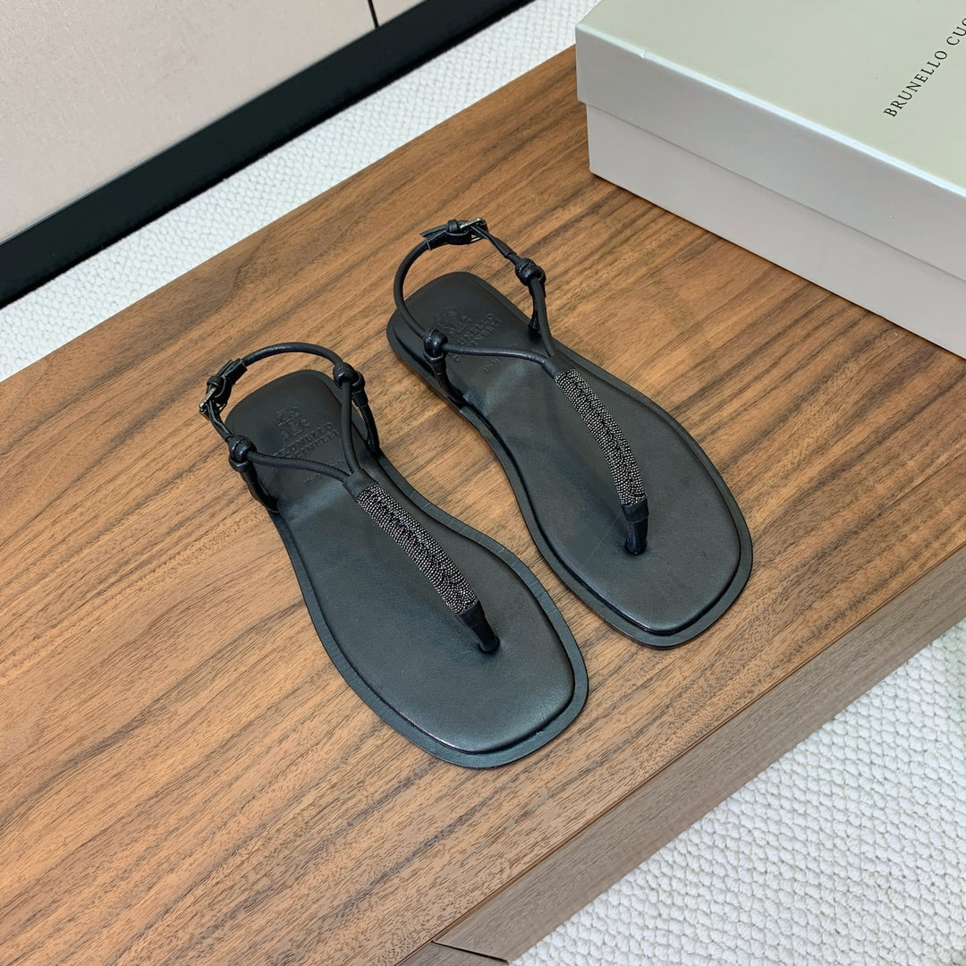 Brunello Cucinelli Flat Sandals Black Leather 934696