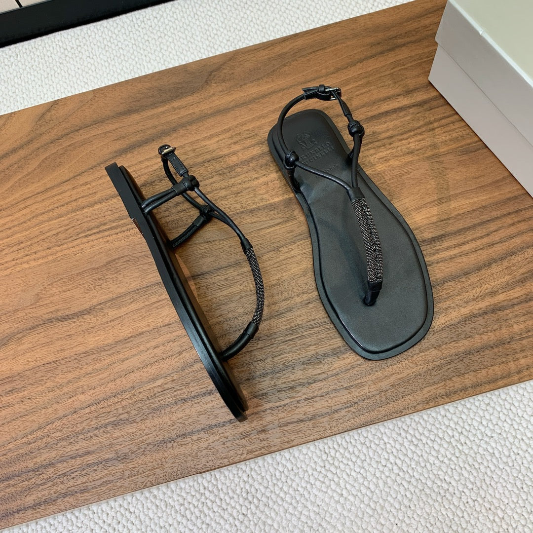 Brunello Cucinelli Flat Sandals Black Leather 934696
