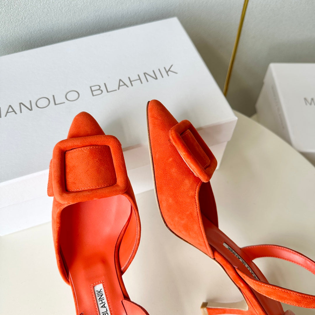 Manolo Slingback 7cm Orange Suede Leather Bottom 451201