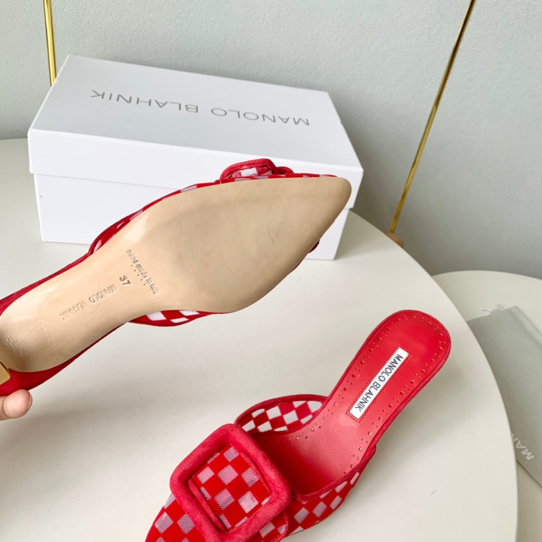 Manolo Mules Latest Checkerboard Red Fabric Leather 528007