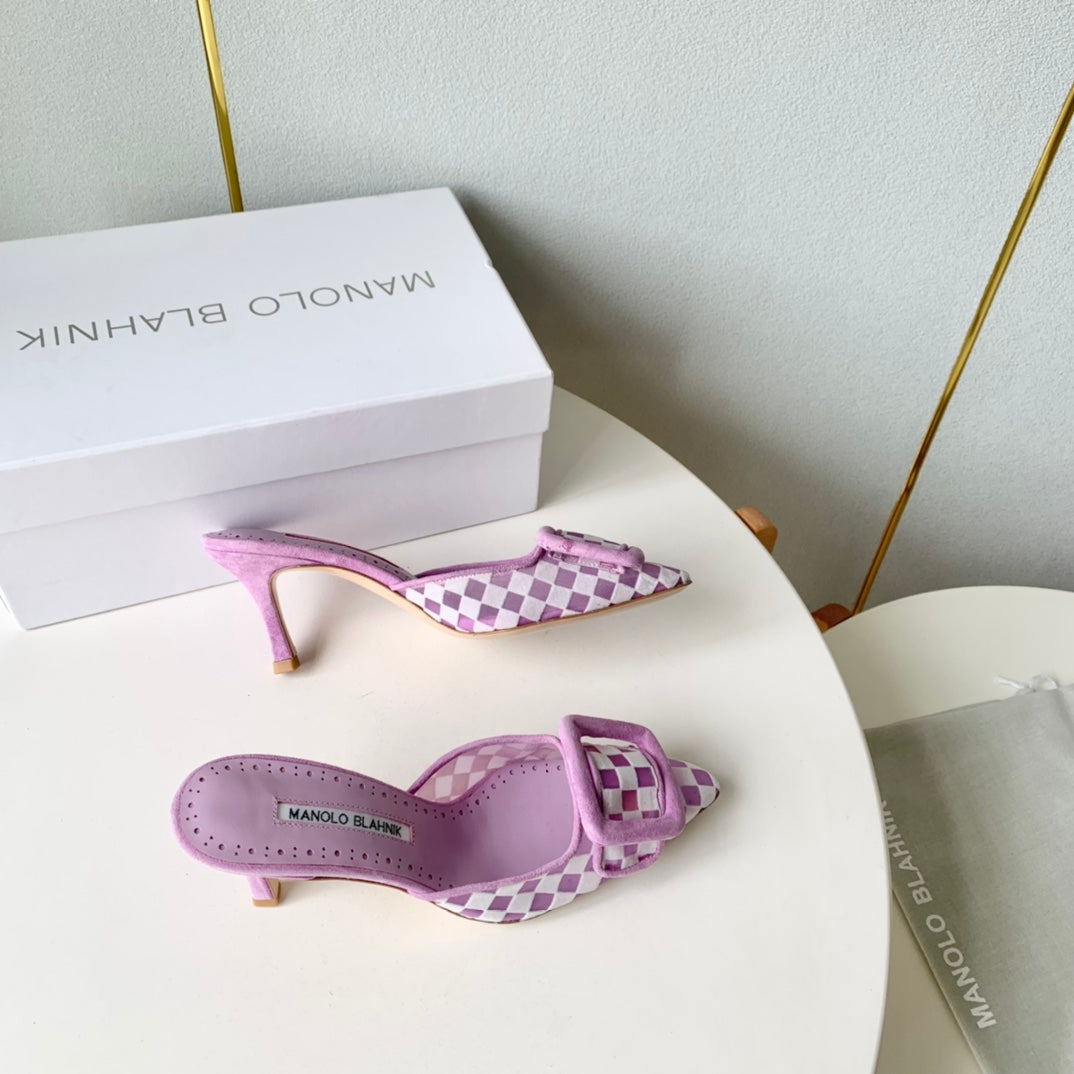 Manolo Mules 7cm Purple Fabric Leather 528012