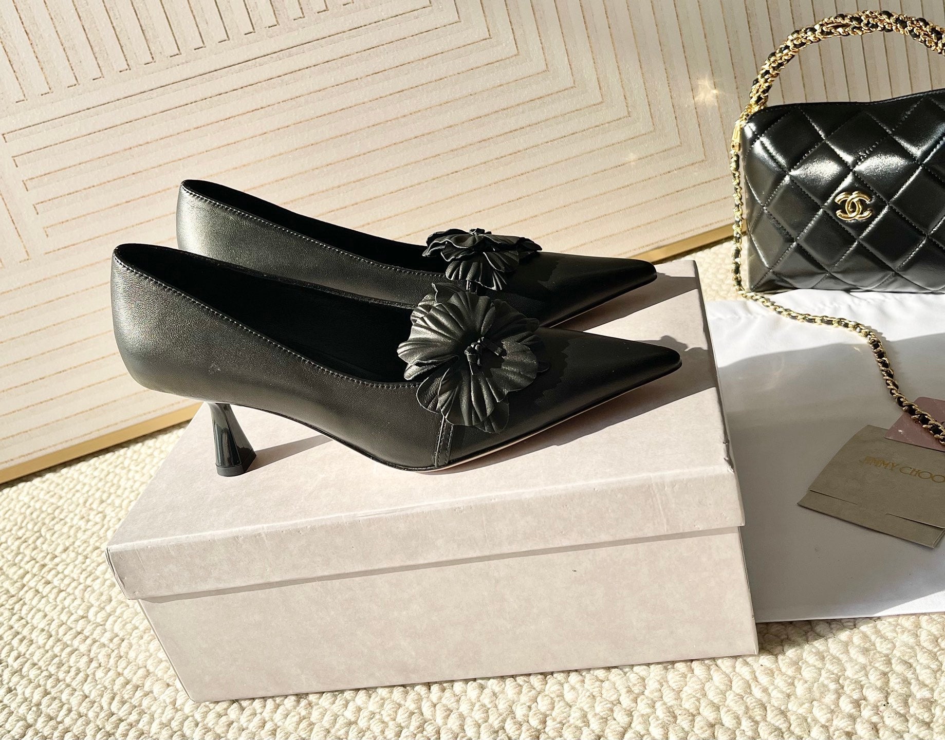 Jimmy Choo Skye Corsage Pump 6.5cm Black Sheepskin 669843