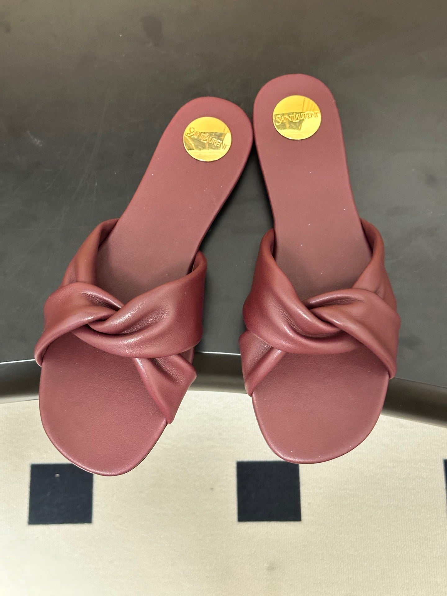 YSL Knotted Slide Burgundy Smooth Leather 787569