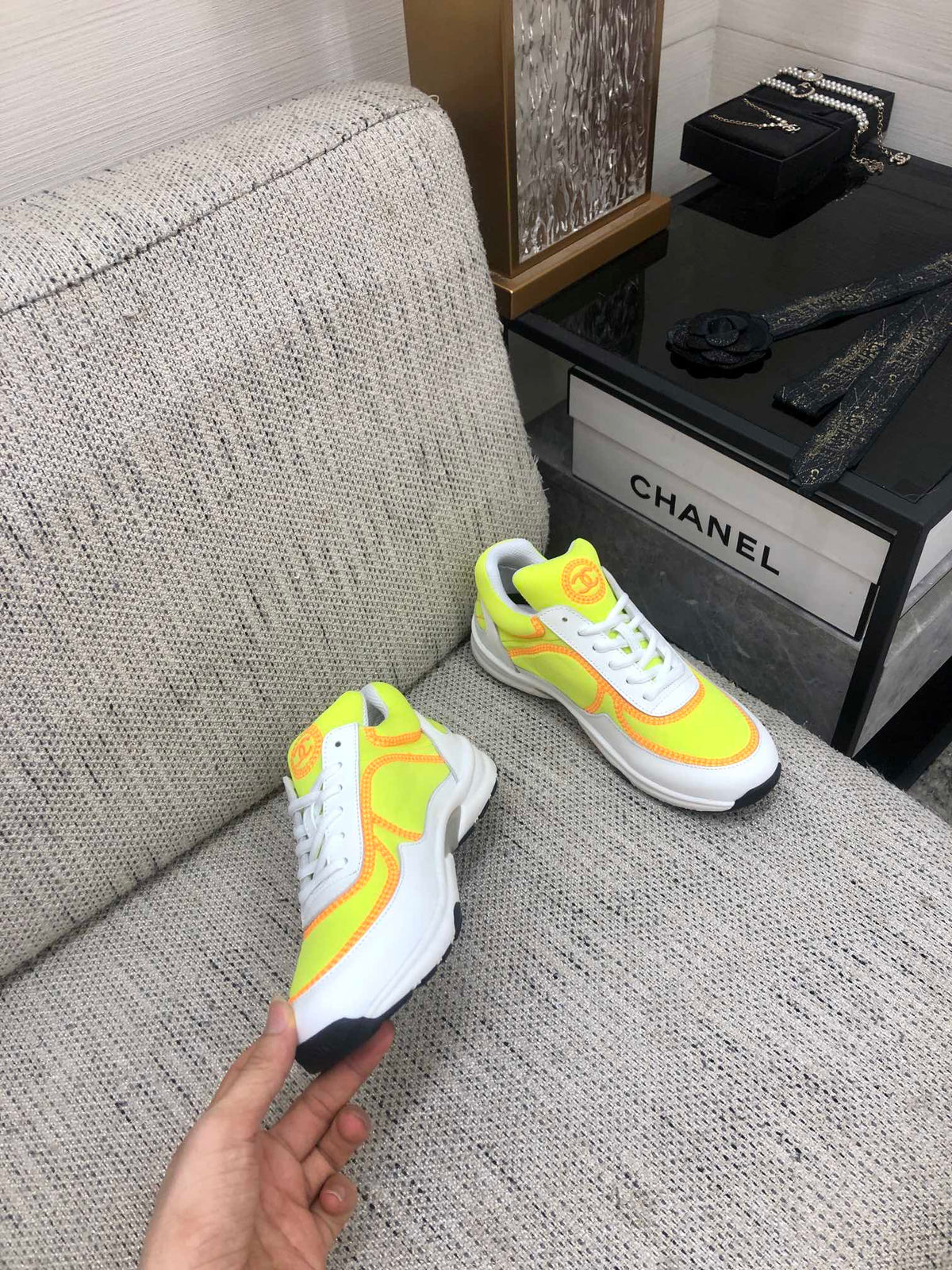 Chanel 26s Quilted Jelly Sole Sneakers Yellow White 153279