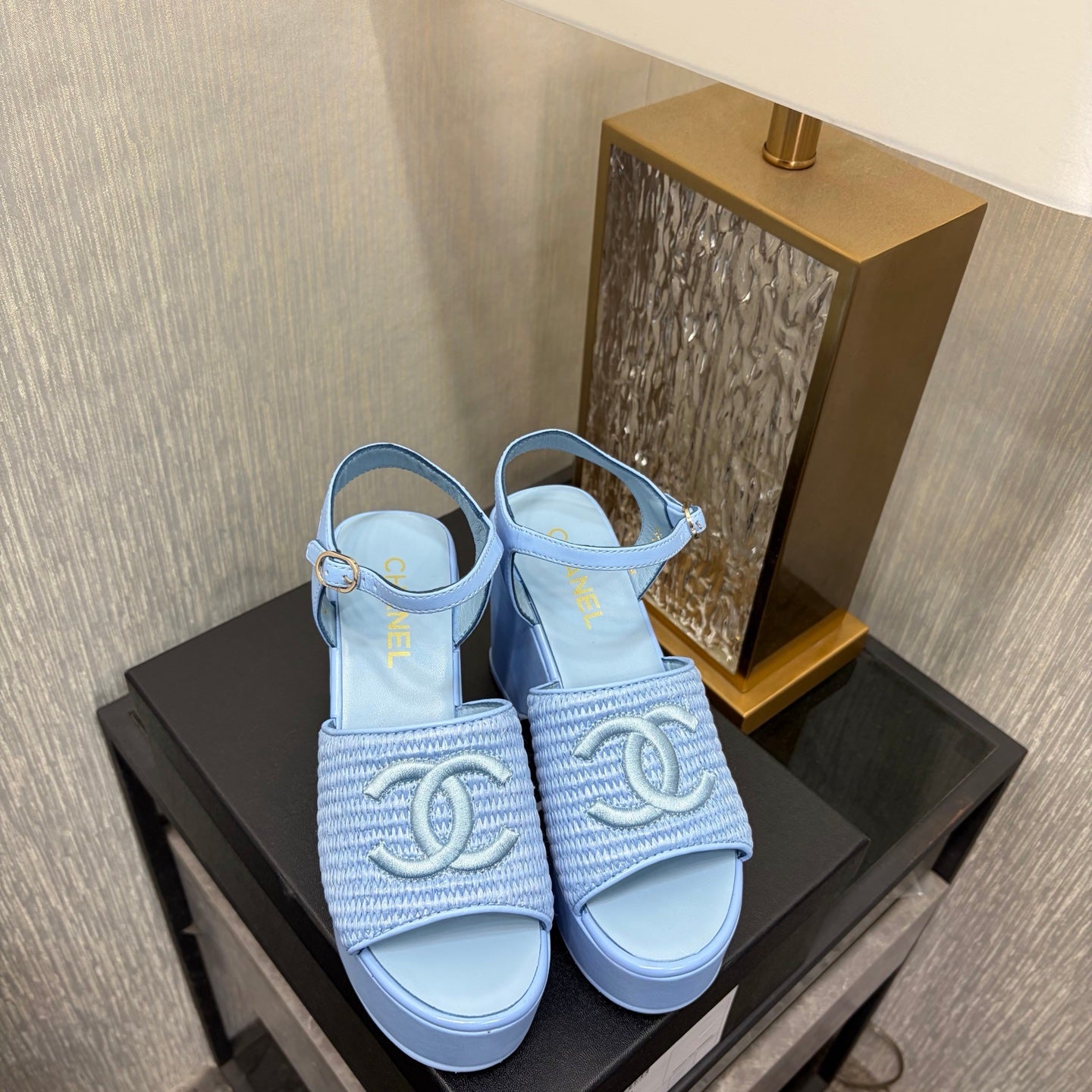 CC 26s Platform Sandal Light Blue Raffia Sheepskin 688694