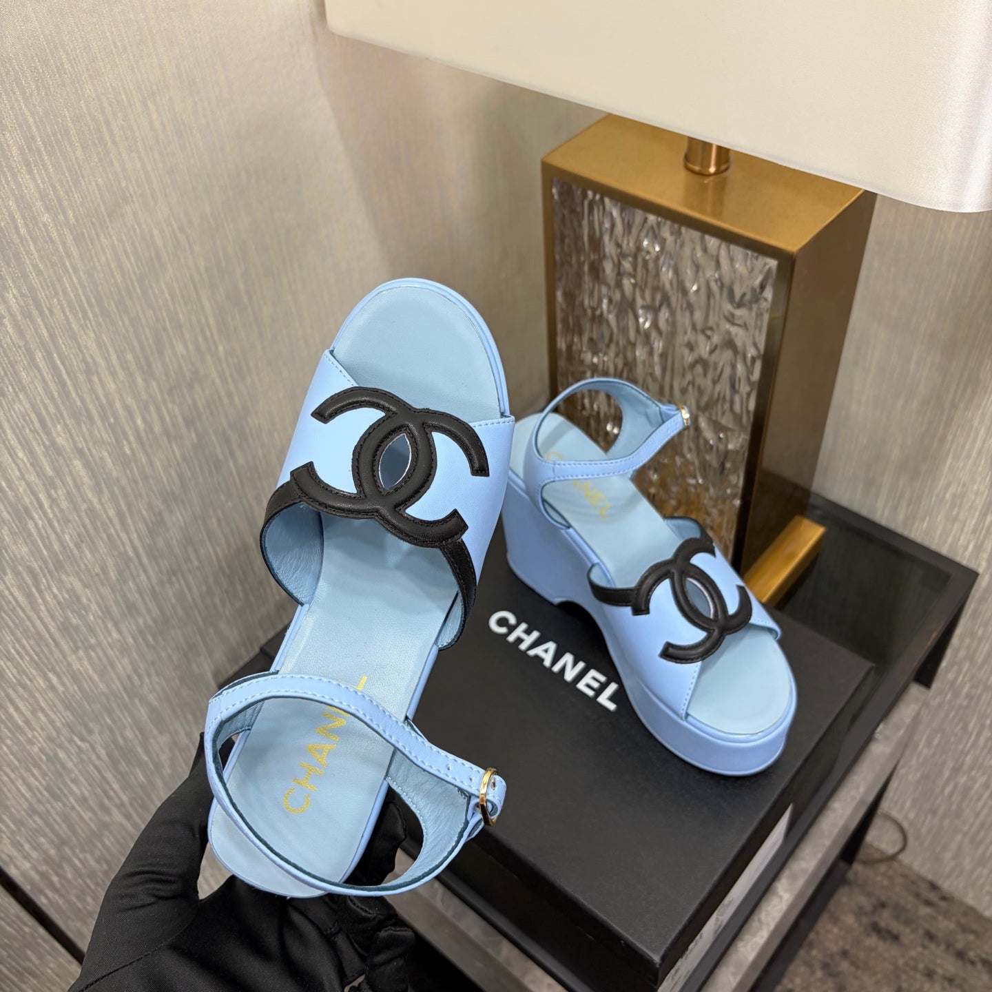 CC 26s Platform Sandals Light Blue Black Sheepskin 688704