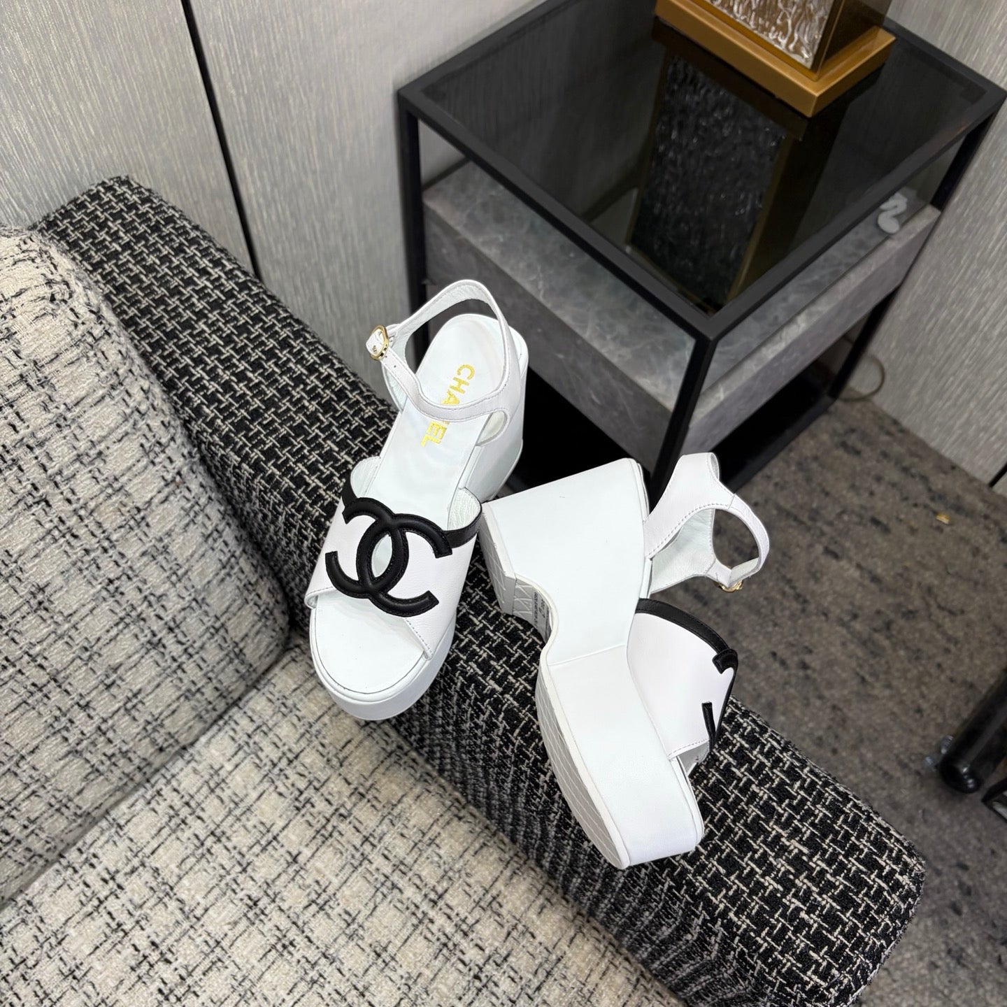 CC 26s Platform Sandals White Black Sheepskin 688706