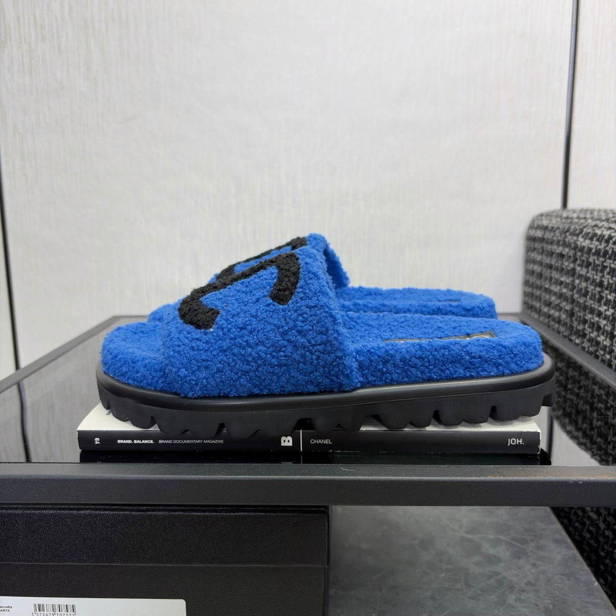 CC 26s Shearling Slide Flat Mules Blue Black Wool 128095