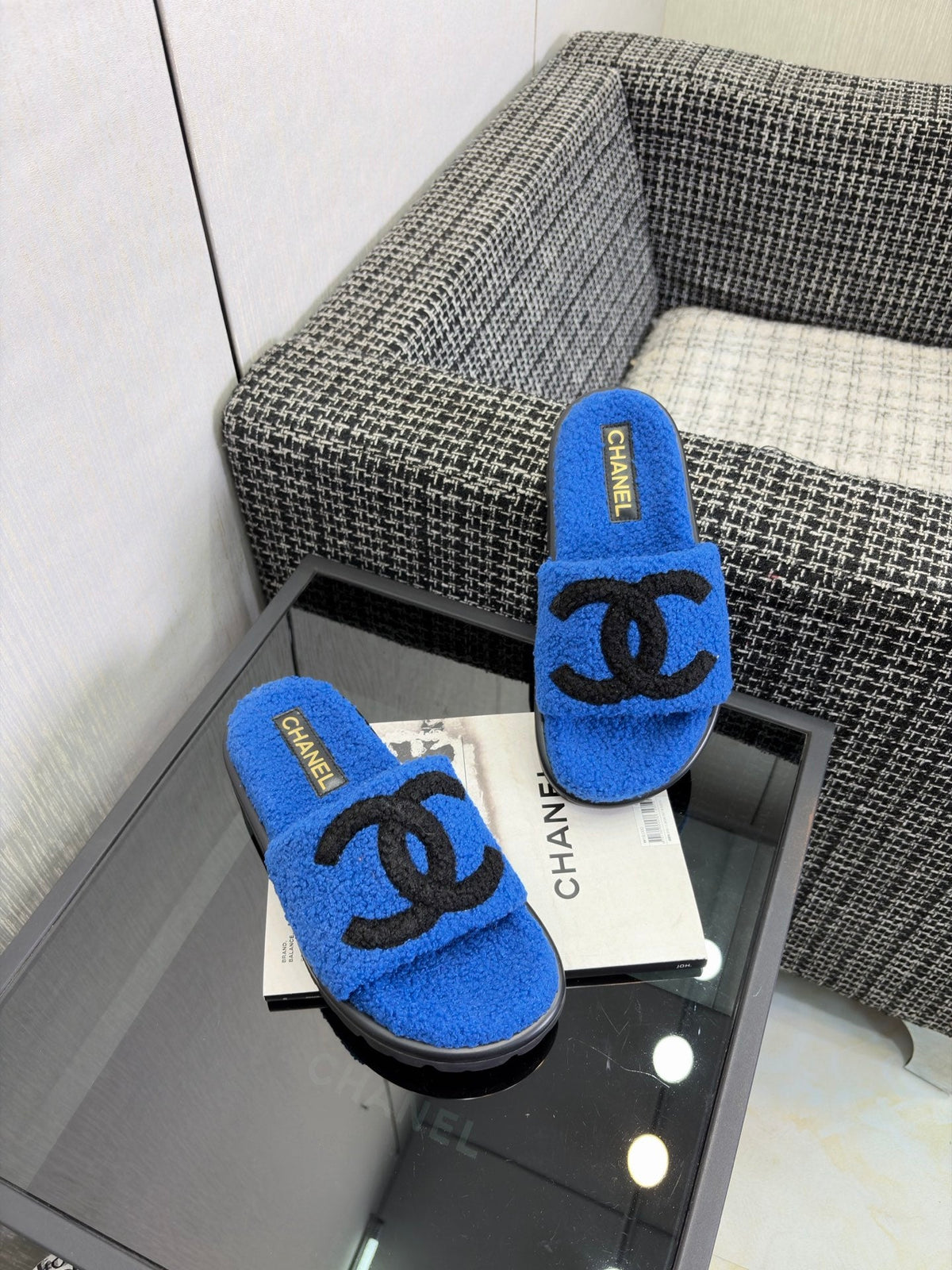 CC 26s Shearling Slide Flat Mules Blue Black Wool 128095