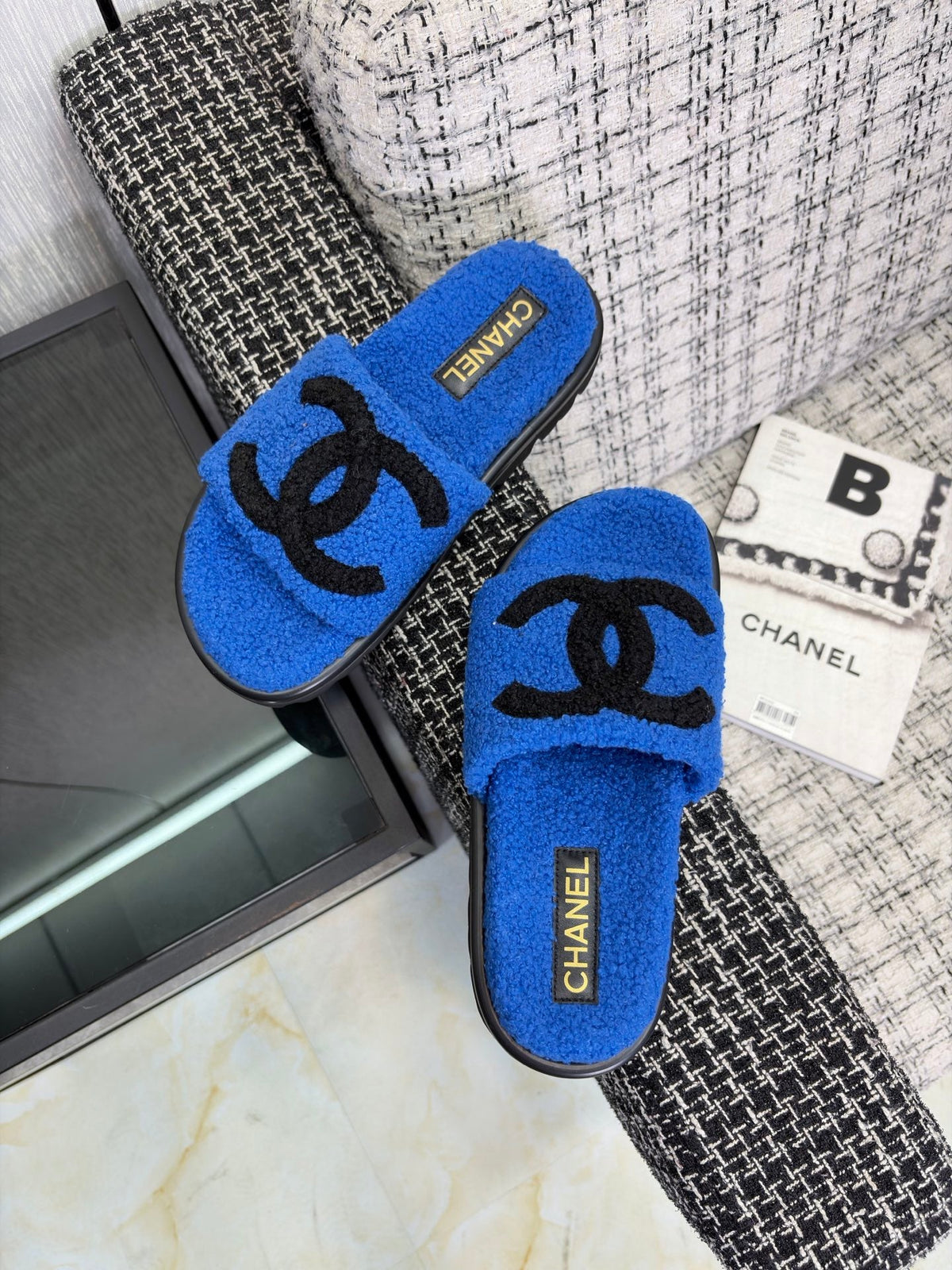 CC 26s Shearling Slide Flat Mules Blue Black Wool 128095
