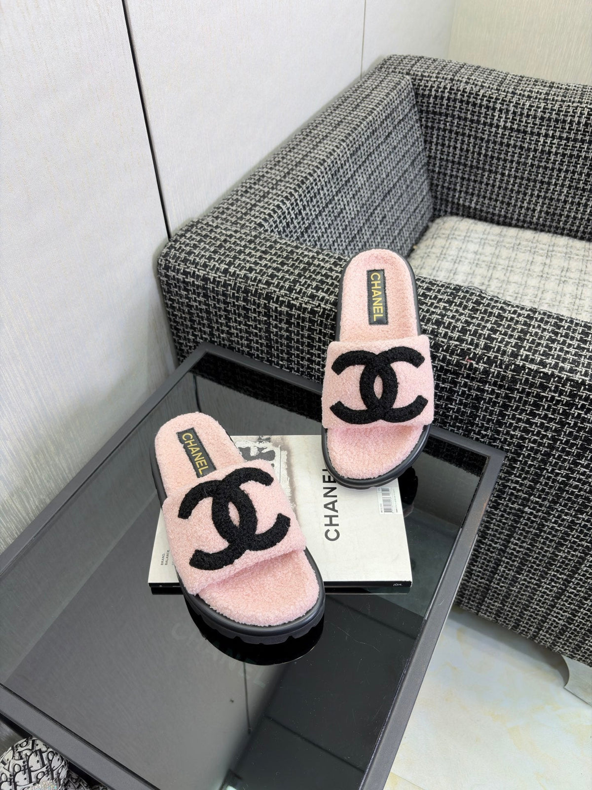 CC 26s Shearling Slide Flat Mules Light Pink Black Wool 128096