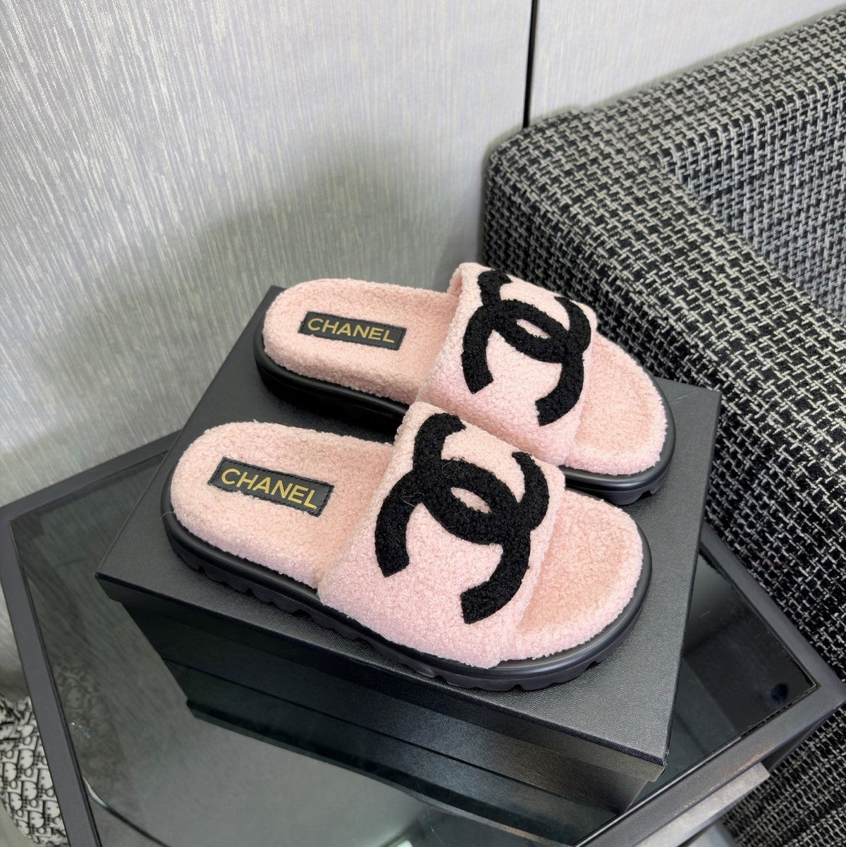 CC 26s Shearling Slide Flat Mules Light Pink Black Wool 128096