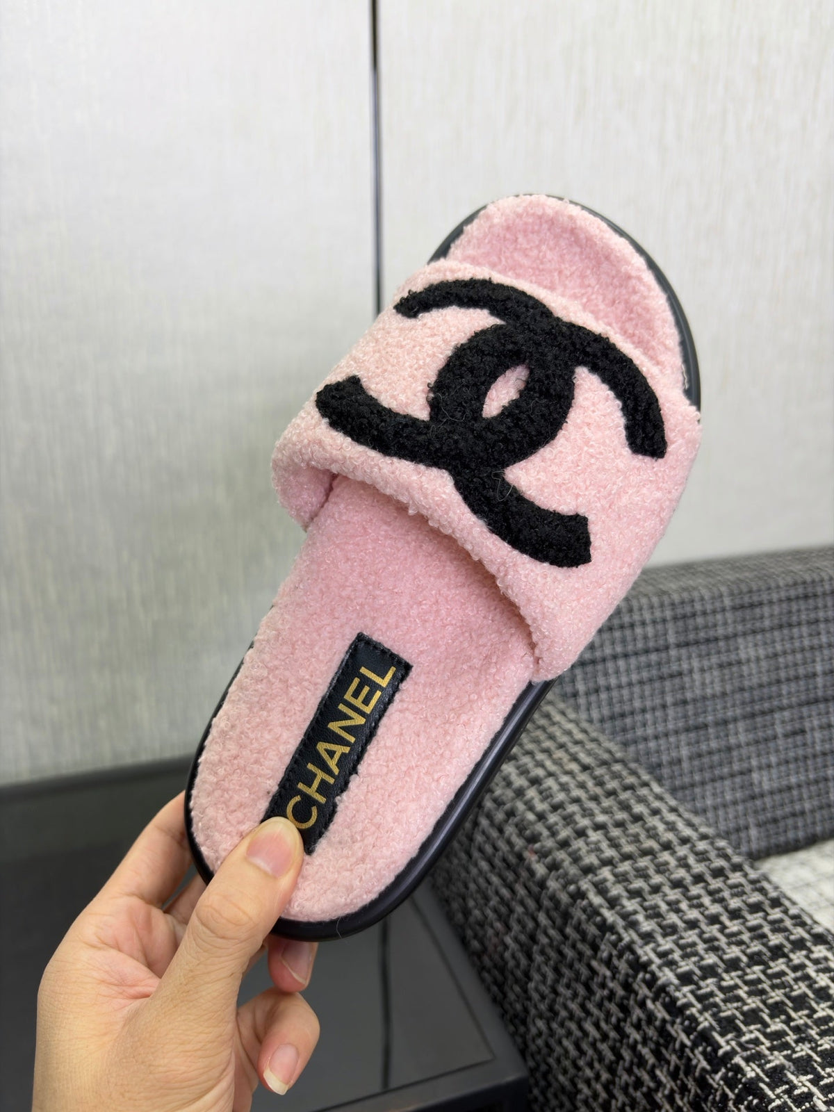 CC 26s Shearling Slide Flat Mules Light Pink Black Wool 128096