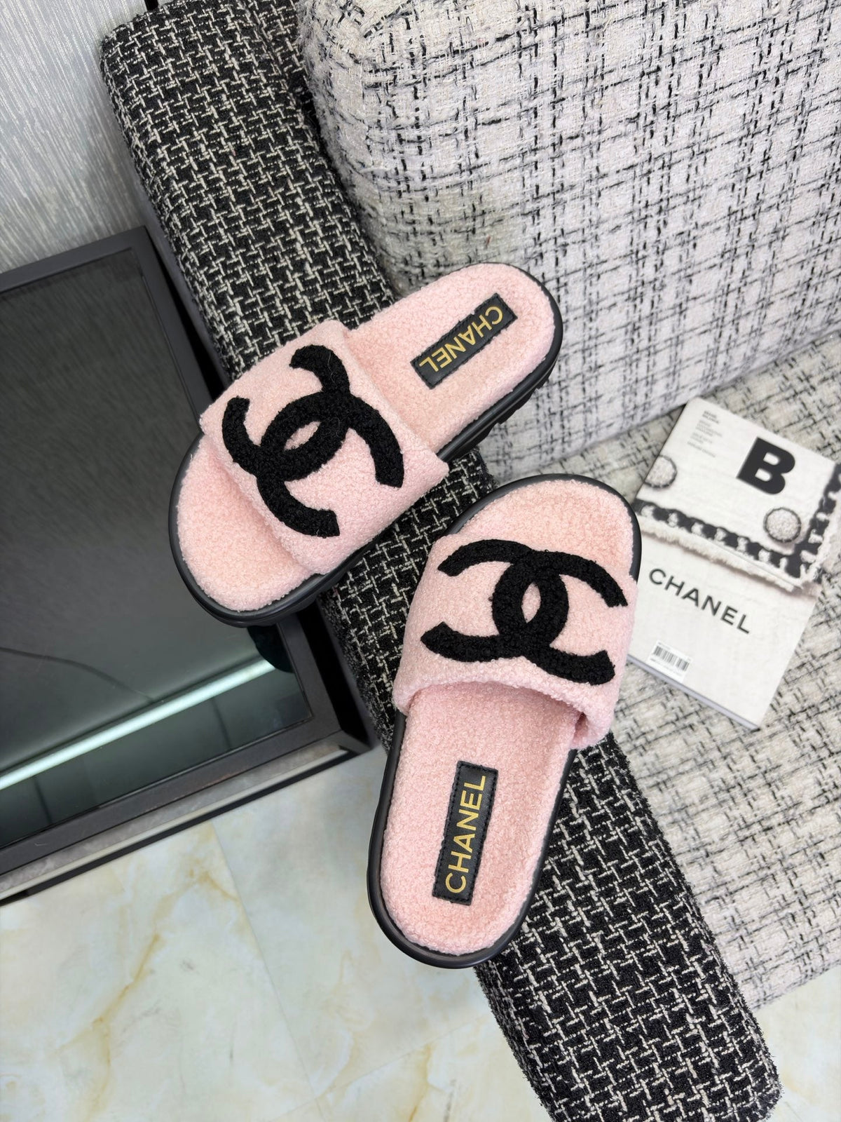 CC 26s Shearling Slide Flat Mules Light Pink Black Wool 128096